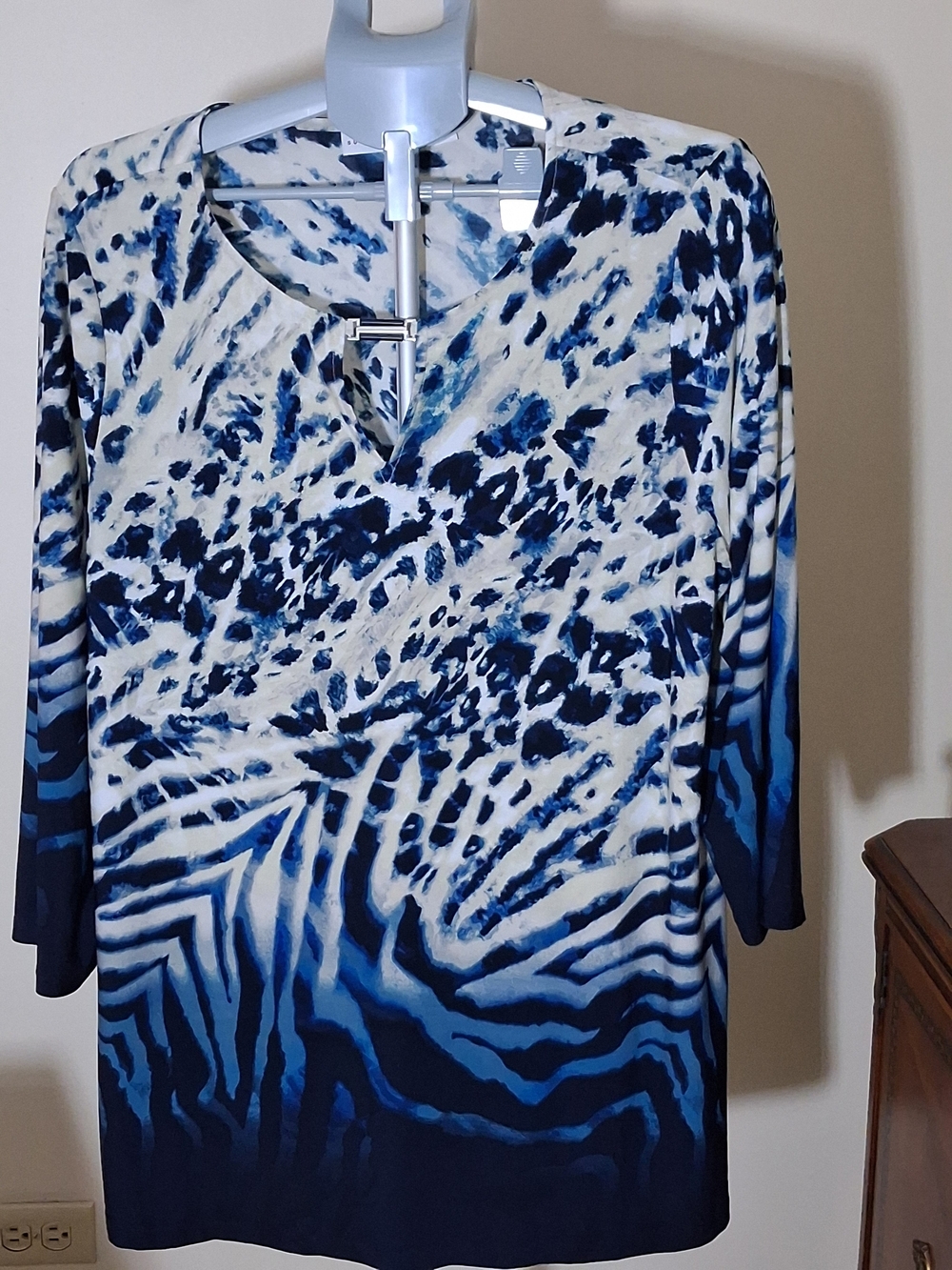 Susan Graver Blue and White Animal-Print V-Neck Tunic